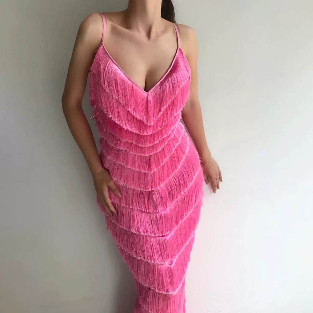 ZARA New Sexy Deep Backless Pink Fringe Strap Tiered Maxi Party Dress